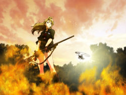 Rule 34 | 00s, 1girl, aircraft, blonde hair, fire, gun, gunship, helicopter, highres, madlax, madlax (character), rifle, sniper rifle, solo, wallpaper, weapon