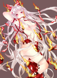 Rule 34 | 1girl, armpits, arms up, bad id, bad pixiv id, breasts, burnt clothes, clumeal, female focus, fire, fujiwara no mokou, grey background, hair ribbon, highres, long hair, mouth hold, nude, ofuda, pink eyes, ribbon, silver hair, simple background, solo, suspenders, touhou, tress ribbon, very long hair