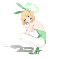 Rule 34 | 1girl, absurdres, animal ears, blonde hair, blue archive, blush, breasts, fake animal ears, fake tail, from side, green eyes, green footwear, green halo, green leotard, halo, high heels, highres, leotard, looking at viewer, midori (blue archive), open mouth, pantyhose, rabbit ears, rabbit tail, rui p, short hair, simple background, small breasts, smile, solo, squatting, strapless, strapless leotard, tail, v, white background, white pantyhose, wrist cuffs