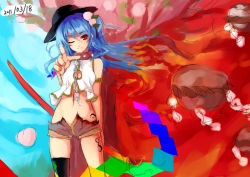 Rule 34 | 1girl, adapted costume, bare shoulders, blue hair, chain, collar, female focus, food, fruit, hat, hinanawi tenshi, keystone, light smile, long hair, midriff, nanahara fuyuki, navel, one eye closed, open clothes, open shorts, peach, red eyes, rock, rope, shide, shimenawa, short shorts, shorts, solo, sword, torn clothes, touhou, weapon, wink