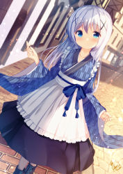 Rule 34 | 1girl, apron, black footwear, black skirt, blue eyes, blue kimono, blush, boots, building, chinomaron, closed mouth, commentary request, cross-laced footwear, day, dutch angle, frilled apron, frills, gochuumon wa usagi desu ka?, grey hair, hair between eyes, hair ornament, highres, japanese clothes, kafuu chino, kimono, lace-up boots, long hair, long sleeves, looking at viewer, maid, outdoors, pantyhose, print kimono, signature, skirt, smile, solo, standing, taishou, very long hair, wa maid, white apron, white pantyhose, wide sleeves, window, x hair ornament, yagasuri