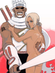 Rule 34 | 1boy, 1girl, ass, beard, censored, clothed male nude female, convenient censoring, dark-skinned female, dark-skinned male, dark skin, earrings, facial hair, forehead protector, green yossy, holding, holding sword, holding weapon, jewelry, killer bee, looking at viewer, mabui (naruto), naruto (series), naruto shippuuden, nude, standing, sword, weapon