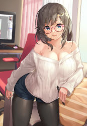 Rule 34 | 1girl, arched back, arm at side, bare shoulders, bedroom, black pantyhose, blue eyes, breasts, brown hair, chair, cleavage, collarbone, commentary request, computer, cowboy shot, day, desk, drawing tablet, dutch angle, glasses, hair ornament, hairclip, highres, holding, holding stylus, indoors, keyboard (computer), large breasts, leaning forward, long sleeves, looking at viewer, medium hair, monitor, mouse (computer), off-shoulder, off-shoulder sweater, off shoulder, office chair, open mouth, original, pantyhose, pantyhose under shorts, pink-framed eyewear, recursion, sawada yuusuke, short shorts, shorts, smile, solo, star (symbol), star hair ornament, stylus, sweater, swivel chair