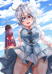 Rule 34 | 1girl, :d, absurdres, ahoge, blouse, blue eyes, blue hair, blue skirt, blue sky, blue vest, breasts, closed umbrella, cloud, cloudy sky, commentary request, cowboy shot, hair between eyes, heterochromia, highres, juliet sleeves, long sleeves, looking back, mahoro (minase mahoro), medium breasts, miniskirt, open mouth, outdoors, pleated skirt, puffy sleeves, red eyes, shirt, skirt, sky, smile, solo, tatara kogasa, teeth, thick thighs, thighs, touhou, umbrella, upper teeth only, vest, white shirt