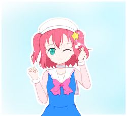 Rule 34 | 1girl, aqua background, aqua eyes, article (artist), artist name, artist request, blue jacket, blush, bow, clenched hands, earrings, female focus, flower earrings, fur collar, hair bow, hair ornament, hat, highres, jacket, jewelry, kurosawa ruby, looking at viewer, love live!, love live! sunshine!!, one eye closed, pink bow, pom pom (cheerleading), red hair, sailor collar, scrunchie, shirt, short hair, smile, solo, star (symbol), star hair ornament, twintails, white hat, wrist scrunchie