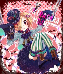 Rule 34 | 1girl, :d, ascot, black ascot, black footwear, black hat, blonde hair, boots, character name, cross-laced footwear, earrings, eyeball, eyeball hair ornament, flower, hair over one eye, hat, hat flower, highres, idolmaster, idolmaster cinderella girls, jewelry, kitaya, lace-up boots, leg belt, long sleeves, looking at viewer, mini hat, mini top hat, open mouth, pink flower, red eyes, shirasaka koume, short hair, silk, skull, sleeves past fingers, sleeves past wrists, smile, solo, spider web, striped clothes, striped thighhighs, thighhighs, top hat, vertical-striped clothes, vertical-striped thighhighs