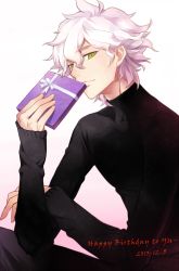 Rule 34 | 1boy, ahoge, alternate costume, black sweater, commentary request, danganronpa (series), danganronpa 2: goodbye despair, gift, green eyes, hair between eyes, hand on own arm, happy birthday, holding, holding gift, kame4282, komaeda nagito, long sleeves, looking at viewer, male focus, short hair, simple background, smile, solo, sweater, upper body, white background, white hair