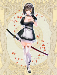 Rule 34 | 1girl, black dress, black hair, breasts, brown eyes, cleavage, dairoku ryouhei, dress, frills, hairband, hand on own chest, katana, large breasts, looking at viewer, maid, nyan5000, official art, petals, red ribbon, ribbon, sheath, sheathed, short sleeves, solo, sword, thighhighs, weapon, white hairband, white thighhighs