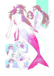 Rule 34 | 2boys, absurdres, blue hair, brown hair, closed mouth, colored skin, completely nude, closed eyes, fingernails, fins, full body, gills, gradient hair, head fins, heart, highres, long hair, looking at viewer, low ponytail, male focus, merman, monster boy, multicolored hair, multiple boys, multiple views, nail polish, nkvoop, nude, open mouth, original, pink hair, pink nails, pink skin, plant hair, ponytail, purple eyes, sharp fingernails, smile, tying hair, wavy hair, webbed hands, white background, white skin