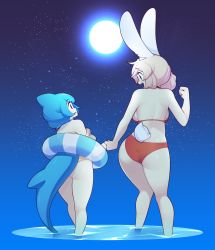 Rule 34 | 2girls, :d, absurdres, animal ears, ass, back, backboob, bikini, blue hair, breasts, cetacean tail, clenched hand, commentary, dorsal fin, english commentary, fins, fish tail, fiz (fizintine), fizintine, from behind, full moon, hair bun, hair up, highres, holding hands, innertube, looking at another, moon, multiple girls, open mouth, original, pink hair, rabbit ears, rabbit girl, rabbit tail, red bikini, short hair, single hair bun, sky, smile, star (sky), starry sky, swim ring, swimsuit, tail, tori (fizintine), wading, water