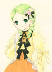 Rule 34 | 00s, 1girl, blush, bow, dress, drill hair, finger to face, frills, green eyes, green hair, hair ornament, hand on own hip, heart, heart hair ornament, kanaria, long sleeves, looking at viewer, matching hair/eyes, ribbon, rozen maiden, short hair, simple background, smile, solo, twin drills, upper body, yellow background, yellow dress