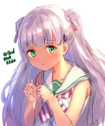Rule 34 | 1girl, anchor hair ornament, blunt bangs, commentary request, dress, green eyes, hair ornament, hair ribbon, highres, kantai collection, long hair, looking at viewer, maestrale (kancolle), neckerchief, o-sirius, one side up, ribbon, sailor dress, silver hair, simple background, sleeveless, sleeveless dress, solo, striped neckerchief, striped neckwear, twitter username, upper body, white background, white dress