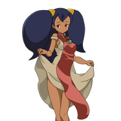 1girl, absurdres, axew, black hair, brown eyes, clothing cutout, creatures (company), dark skin, dress, dress lift, feet out of frame, game freak, gen 5 pokemon, highres, iris (pokemon), long hair, looking at viewer, nintendo, older, pokemon, pokemon (anime), pokemon bw (anime), shoulder cutout, sleeveless, sleeveless dress, smile, tsurime, twintails, very long hair, white background