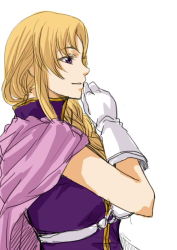 Rule 34 | 1girl, bad id, bad pixiv id, blonde hair, fire emblem, fire emblem: the blazing blade, gloves, hand on own chin, long hair, looking away, looking to the side, louise (fire emblem), michael f91, nintendo, purple eyes, simple background, smile, solo, white background