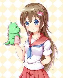 Rule 34 | 1girl, arm behind back, blue eyes, blush, borrowed character, brown hair, checkered background, hair ornament, hand puppet, ok-ray, original, prominent navel, puppet, school uniform, simple background, smile, solo, takamine kokone