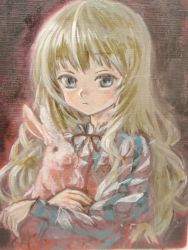 Rule 34 | 1girl, ama-tou, animal, blonde hair, blue eyes, rabbit, collar, eyelashes, frills, holding, holding animal, juliet sleeves, long hair, long sleeves, looking at viewer, neck ribbon, nostrils, oil painting (medium), original, painting (medium), puffy sleeves, ribbon, sketch, solo, striped, traditional media, wavy hair
