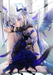 Rule 34 | 1girl, absurdres, amane kanata, amane kanata (another world), angel wings, arm belt, bandaged arm, bandages, barefoot, black collar, black gloves, blue hair, blush, chest harness, collar, colored inner hair, commentary, crossed bangs, earrings, eyes visible through hair, feathered wings, feathers, frilled skirt, frills, gloves, grey hair, hair between eyes, hair bun, halo, halo ornament, hand on own shoulder, harness, highres, hololive, jewelry, knee up, layered skirt, long hair, looking at viewer, multicolored hair, official alternate costume, parted lips, purple eyes, purple hair, shimo (shimo332215), sidelocks, single hair intake, single side bun, sitting, skirt, solo, star halo, streaked hair, toenails, toes, virtual youtuber, white wings, wings