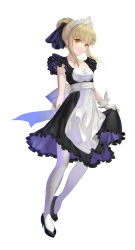 Rule 34 | 1girl, alternate costume, apron, arm behind back, artoria pendragon (all), artoria pendragon (fate), black dress, black footwear, blonde hair, breasts, cleavage, collarbone, dress, enmaided, fate/stay night, fate (series), floating hair, frilled dress, frills, full body, high heels, highres, looking at viewer, maid, maid headdress, medium dress, medium hair, pantyhose, pumps, saber alter, sidelocks, simple background, skirt hold, sleeveless, sleeveless dress, small breasts, solo, standing, two-sided fabric, two-sided skirt, vanink, white apron, white background, white pantyhose, yellow eyes