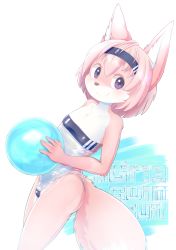 Rule 34 | 1girl, animal ears, ball, beachball, canopus335, dutch angle, english text, female focus, flat chest, fox ears, fox tail, furry, furry female, gris swimsuit, hairband, highres, holding, holding ball, looking at viewer, medium hair, meme attire, one-piece swimsuit, original, pink hair, purple eyes, smile, solo, strapless, strapless one-piece swimsuit, swimsuit, tail