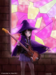 Rule 34 | 1girl, akiyama mio, bad id, bad pixiv id, bass guitar, black eyes, black hair, blush, gloves, hat, hikari niji, hime cut, instrument, jewelry, k-on!, long hair, looking at viewer, open mouth, school uniform, skirt, solo, thighhighs, very long hair, witch, witch hat