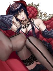 Rule 34 | 1girl, black hair, black shorts, blurry, blurry foreground, breast tattoo, breasts, chest tattoo, cleavage, demon horns, detached sleeves, dress, eliza (tekken), fingernails, hanny (uirusu chan), head tilt, highres, horns, leg up, looking at viewer, nail polish, namco, neck tattoo, no shoes, pale skin, purple lips, purple nails, red dress, red horns, seamed legwear, see-through, see-through legwear, sharp fingernails, short hair with long locks, shorts, sitting, slit pupils, solo, tattoo, tekken, tekken 7, tekken revolution, thighhighs, throne, vampire, white background, yellow eyes