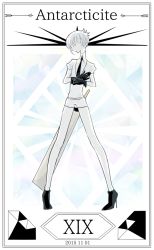 Rule 34 | 10s, 1other, 2015, androgynous, antarcticite, bare legs, belt, black footwear, black gloves, black necktie, border, character name, closed mouth, cojima, collared shirt, dated, full body, gem (symbol), gloves, high heels, houseki no kuni, legs apart, looking at viewer, necktie, pale color, pale skin, profile, roman numeral, shirt, shoes, short hair, shorts, silver hair, solo, standing, uniform, weapon, white shirt, white shorts