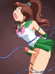 Rule 34 | 1futa, 1other, 20s, amedama akihito, animated, animated gif, arms behind back, bishoujo senshi sailor moon, blush, bottomless, bouncing breasts, bound, bound arms, bound legs, bow, breasts, brown background, brown hair, censored, choker, clothes lift, cowboy shot, cum, cumdrip, dark background, ejaculation, elbow gloves, erection, from side, futanari, gloves, gradient background, green eyes, green skirt, high ponytail, jiggle, kino makoto, leotard, long hair, looping animation, medium breasts, mosaic censoring, multicolored background, open mouth, orgasm, penis, pink bow, ponytail, precum, projectile cum, pubic hair, sailor jupiter, sidelocks, skirt, skirt lift, solo focus, standing, sweat, sweatdrop, teeth, tentacle sex, tentacles, testicles, tiara, trembling, urethral insertion, white gloves, white leotard, wide-eyed
