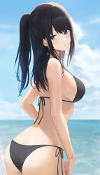 Rule 34 | 1girl, :o, absurdres, ass, bikini, black bikini, black hair, blue sky, blurry, blurry background, blush, breasts, cloud, commentary, halterneck, highres, hiroserii, horizon, idolmaster, idolmaster shiny colors, kazano hiori, large breasts, looking at viewer, looking back, mole, mole under mouth, ocean, one side up, outdoors, parted lips, ponytail, side-tie bikini bottom, sky, solo, string bikini, swimsuit