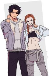 Rule 34 | 1boy, 1girl, arm around waist, bandeau, black bandeau, black eyes, black hair, blue eyes, bracelet, cargo pants, commentary request, cropped jacket, dead by daylight, grey jacket, grey pants, grin, groin, highres, jacket, jake park, jewelry, korean commentary, low twintails, meg thomas, midriff, navel, orange hair, pants, smile, tongchock, twintails