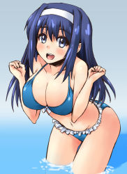Rule 34 | 1girl, bikini, blue bikini, blue eyes, blue hair, blush, breasts, cleavage, female focus, futaba aoi (vividred operation), gradient background, hairband, large breasts, leaning forward, long hair, looking at viewer, matching hair/eyes, open mouth, shinshin, smile, solo, swimsuit, vividred operation
