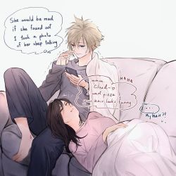 Rule 34 | 1boy, 1girl, barefoot, black pants, blanket, blonde hair, blue eyes, breasts, brown hair, closed eyes, closed mouth, cloud strife, couch, couple, english text, final fantasy, final fantasy vii, grey shirt, hetero, highres, holding, holding phone, indoors, knee up, leaning back, long hair, long sleeves, looking down, lying, maiii (smaii i), on back, pants, phone, pillow, shirt, short hair, sitting, sleep talking, sleeves past wrists, smile, speech bubble, thought bubble, tifa lockhart, trembling