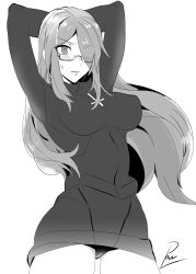 Rule 34 | 1girl, arms behind head, arms up, blush, cross, cross necklace, glasses, hair over one eye, highres, jewelry, long hair, monochrome, necklace, parasoul (skullgirls), pow3776, skirt, skullgirls, solo, sweatdrop, sweater, turtleneck, turtleneck sweater, underwear, upskirt