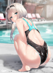 Rule 34 | 1girl, ass, bare shoulders, black one-piece swimsuit, blue eyes, blush, character request, competition swimsuit, embarrassed, female focus, hairband, highres, looking at viewer, medium hair, one-piece swimsuit, shirosaba, solo, swimsuit, water, wet, white hair