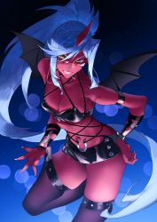 Rule 34 | 1girl, armband, bare shoulders, black armband, black tail, black thighhighs, blue background, blue hair, breasts, colored skin, demon, demon girl, demon horns, demon tail, demon wings, evil smile, fingernails, glasses, highres, horns, ichibi, kneesocks (psg), leather, long fingernails, medium breasts, panty &amp; stocking with garterbelt, ponytail, pulling off legwear, red horns, red skin, revealing clothes, shadow, sharp teeth, single horn, smile, solo, tail, teeth, thighhighs, thighs, wings, yellow eyes