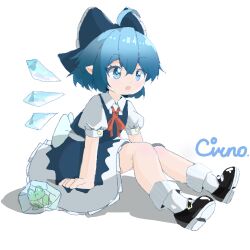 Rule 34 | 1girl, absurdres, animal, blue bow, blue dress, blue eyes, blue hair, bow, cirno, dress, frog, frozen frog, full body, hair between eyes, hair bow, highres, ice, ice wings, kuzucirno, legs, looking at viewer, mary janes, md5 mismatch, medium hair, pointy ears, puffy short sleeves, puffy sleeves, resolution mismatch, shirt, shoes, short sleeves, signature, sitting, solo, source smaller, touhou, white shirt, wings