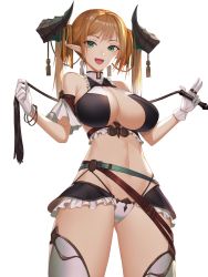 Rule 34 | 1girl, :d, bangle, belt, blonde hair, blush, bracelet, breasts, btraphen, cowboy shot, detached sleeves, dragon horns, frills, gloves, gluteal fold, green eyes, groin, highres, holding, horns, jewelry, large breasts, long hair, looking at viewer, multiple rings, multiple straps, navel, open mouth, original, pointy ears, revealing clothes, ring, sidelocks, simple background, smile, solo, stomach, tassel, thighhighs, thighs, white background, white gloves, white thighhighs