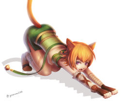 Rule 34 | 1girl, all fours, animal ears, artist name, bad id, bad pixiv id, bandages, cat ears, cat tail, facial mark, fingerless gloves, fire emblem, fire emblem: path of radiance, fire emblem: radiant dawn, gloves, gonzarez, highres, lethe (fire emblem), nintendo, orange hair, purple eyes, short hair, simple background, solo, tail, twitter username, white background