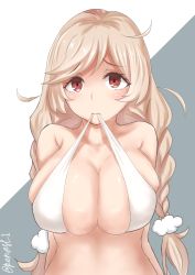 Rule 34 | bare shoulders, bikini, bikini top only, blonde hair, blush, braid, breasts, brown eyes, cleavage, closed mouth, clothes pull, embarrassed, furrowed brow, highres, kantai collection, large breasts, long hair, looking at viewer, low twintails, minegumo (kancolle), mouth hold, scrunchie, sinape, skindentation, swept bangs, swimsuit, twin braids, twintails, upper body
