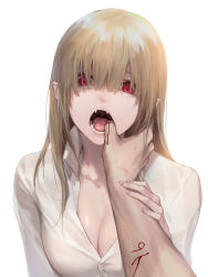 Rule 34 | 1girl, absurdres, bite mark, blood, blood drip, blunt bangs, breasts, brown hair, buttons, cleavage, collared shirt, commentary request, cuts, empty eyes, eyelashes, fangs, finger in another&#039;s mouth, fingernails, hair over eyes, hand on another&#039;s arm, highres, holding another&#039;s arm, injury, long hair, looking at viewer, luen kulo, medium breasts, open mouth, original, pointy ears, pov, pov hands, red eyes, shirt, simple background, solo focus, sweat, tongue, uvula, vampire, veins, white background, white shirt