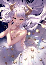 Rule 34 | 1girl, artist name, bare arms, bare shoulders, blue nails, blush, braid, breasts, brown eyes, cleavage, collarbone, covered mouth, crescent, curled horns, fingernails, floating hair, hands up, highres, horns, long hair, looking at viewer, medium breasts, nail polish, original, rosuuri, skirt, solo, star (symbol), very long hair, watermark, web address, white hair, white skirt