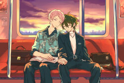 Rule 34 | 2boys, absurdres, bag, belt, belt buckle, black belt, black pants, book, brown bag, buckle, buttons, closed eyes, commentary request, ensemble stars!, feet out of frame, floral print, green hair, hair between eyes, highres, holding hands, interlocked fingers, itsuki shu, jewelry, kagehira mika, long sleeves, male focus, multiple boys, necklace, open book, pants, pink hair, ring, ring necklace, short bangs, short hair, sitting, sleeping, sleeping upright, sleeves past elbows, train interior, turtleneck, valkyrie (ensemble stars!), wednesday 108, window, yaoi