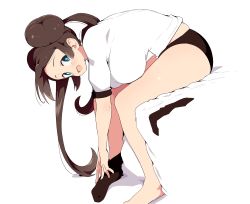 Rule 34 | 1girl, :d, barefoot, bent over, black buruma, black socks, blue eyes, breasts, brown hair, buruma, commentary request, creatures (company), double bun, game freak, gym uniform, hair bun, hanging breasts, large breasts, long hair, looking at viewer, looking to the side, nintendo, open mouth, pokemon, pokemon bw2, reaching, reaching towards viewer, removing sock, rosa (pokemon), shirt, short sleeves, single sock, sitting, smile, socks, solo, tottotonero, twintails, undressing, white background, white shirt