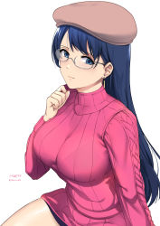 Rule 34 | 1girl, artist name, beret, blue eyes, blue hair, blush, breasts, brown hat, closed mouth, commentary, earrings, english commentary, glasses, hand up, hat, jewelry, kauru00, large breasts, long hair, long sleeves, looking at viewer, original, pink sweater, round eyewear, simple background, sitting, solo, straight hair, sweater, turtleneck, turtleneck sweater, white background
