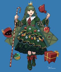 Rule 34 | 1girl, 87saurus, blue background, blush, braid, candy, candy cane, christmas, christmas ornaments, christmas tree, commentary, crown, dated, dress, fish, food, frilled dress, frills, gift, gold trim, green dress, green eyes, green footwear, green hair, highres, holding, holding candy, holding candy cane, holding food, light smile, long hair, long sleeves, open mouth, original, personification, signature, simple background, solo, symbol-only commentary, very long hair, wide sleeves