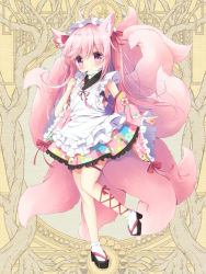 Rule 34 | 1girl, animal ear fluff, animal ears, ankle socks, apron, bad id, bad pixiv id, black footwear, blush, bow, closed mouth, commentary request, dairoku ryouhei, detached sleeves, floral print, fox ears, fox girl, fox tail, frilled apron, frilled kimono, frills, full body, hair between eyes, hair bow, holding, japanese clothes, kimono, kimono skirt, kitsune, kyuubi, long hair, long sleeves, multiple tails, pink hair, pink kimono, platform footwear, platform heels, print kimono, purple eyes, red bow, red ribbon, ribbon, sandals, satsuki yukimi, sleeveless, sleeveless kimono, sleeves past wrists, smile, socks, solo, standing, standing on one leg, tail, two side up, very long hair, white apron, white socks, wide sleeves, zouri
