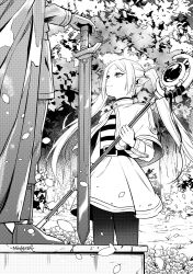 Rule 34 | 1girl, absurdres, belt, capelet, cowboy shot, day, earrings, elf, floating hair, flower, forest, frieren, greyscale, happy, highres, himmel (sousou no frieren), jewelry, long hair, long sleeves, looking up, miniskirt, monochrome, nature, ninlersh, outdoors, pantyhose, parted hair, petals, pointy ears, shirt, skirt, skirt set, smile, solo, sousou no frieren, statue, striped clothes, striped shirt, sword, twintails, weapon