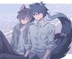 Rule 34 | 2boys, animal ears, bad id, bad pixiv id, black pants, blonde hair, blue eyes, blue shirt, brown hair, cat boy, cat ears, cat tail, character request, closed eyes, closed mouth, collared shirt, fujieda ryo, grey jacket, grey shirt, hair between eyes, hair over one eye, highres, hood, hooded jacket, jacket, kemonomimi mode, leaning on person, long sleeves, looking at another, male focus, meremero, multicolored hair, multiple boys, pants, scar, scar on face, shirt, short hair, sitting, sleeping, sleeping upright, slow damage, smile, tail, towa (slow damage)