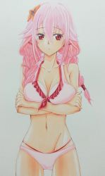 Rule 34 | 10s, 1girl, bad id, bad pixiv id, bikini, braid, breasts, cleavage, crossed arms, guilty crown, hair ornament, hairclip, large breasts, long hair, looking at viewer, marker (medium), navel, pink hair, red eyes, ruchi a, sarina (tosiyukiryousuke), simple background, solo, swimsuit, traditional media, twin braids, twintails, yuzuriha inori