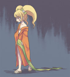 Rule 34 | 1girl, bare shoulders, blonde hair, blush stickers, bow, commentary request, danganronpa (series), danganronpa 2: goodbye despair, from side, full body, green bow, hair bow, hair ornament, japanese clothes, kimono, long hair, long sleeves, multicolored background, namu (nurui cha), open clothes, open kimono, orange eyes, saionji hiyoko, sandals, sash, single bare shoulder, solo, standing, tearing up, wide sleeves, yellow eyes