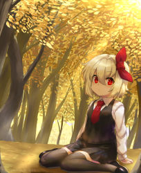 Rule 34 | 1girl, araki (qbthgry), arm support, artist name, black footwear, black skirt, black thighhighs, black vest, blonde hair, closed mouth, collared shirt, commentary request, dated, dutch angle, flat chest, forest, hair between eyes, hair ribbon, light rays, long sleeves, looking at viewer, nature, necktie, on ground, red eyes, red necktie, red ribbon, ribbon, rumia, shirt, short hair, sitting, skirt, solo, thighhighs, touhou, tree, vest, wariza, white shirt, zettai ryouiki